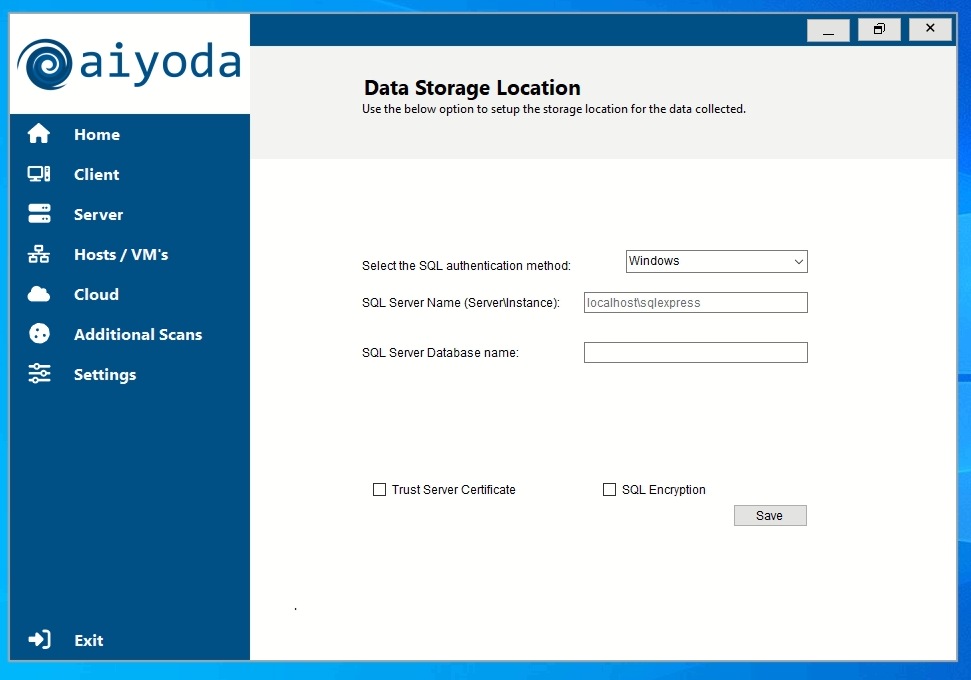 Data Storage Location screen with SQL authentication method, server name, database name and encryption options