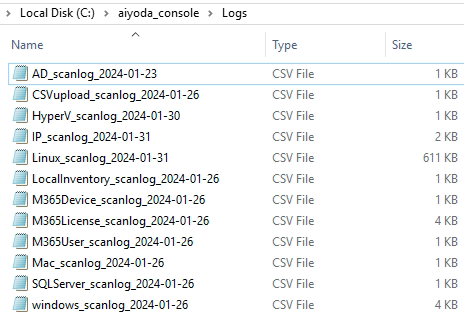 The Aiyoda console Logs folder listing dated CSV log files