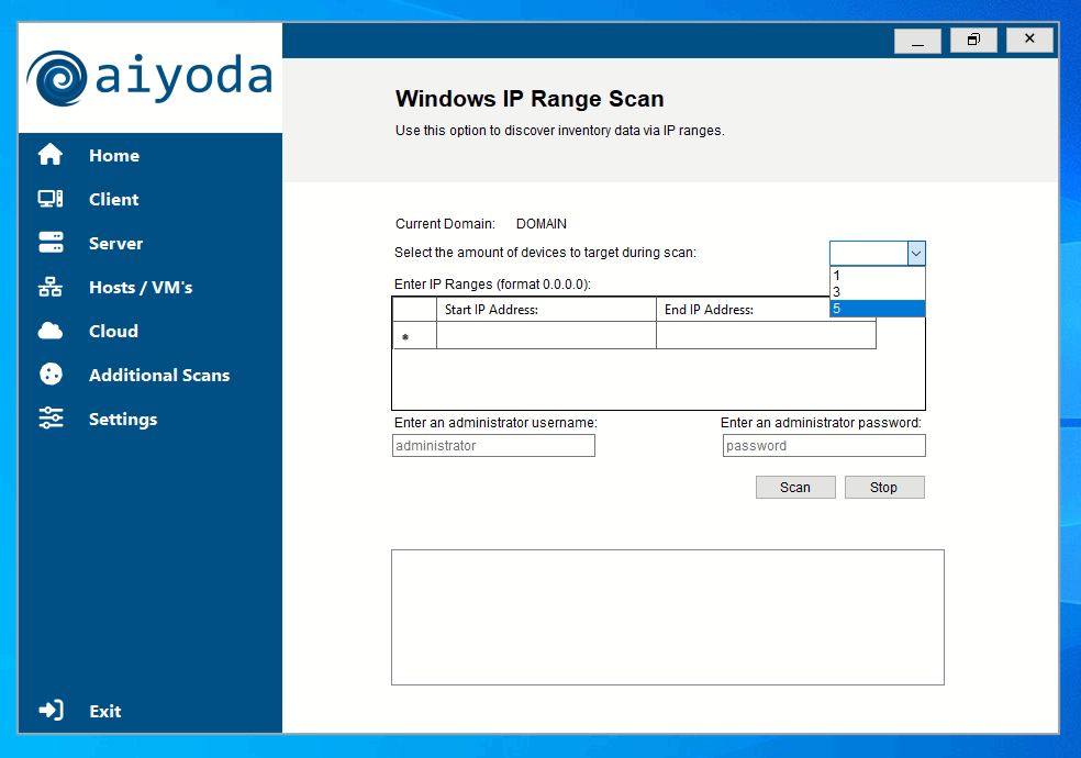 Aiyoda Console IP range scan screen
