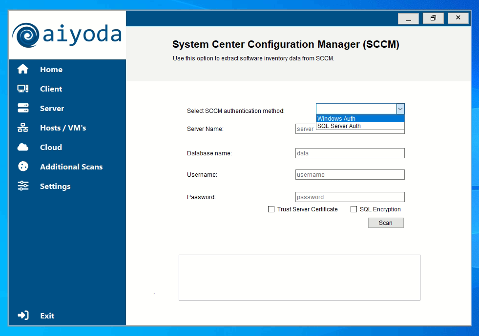 Aiyoda Console SCCM scan screen