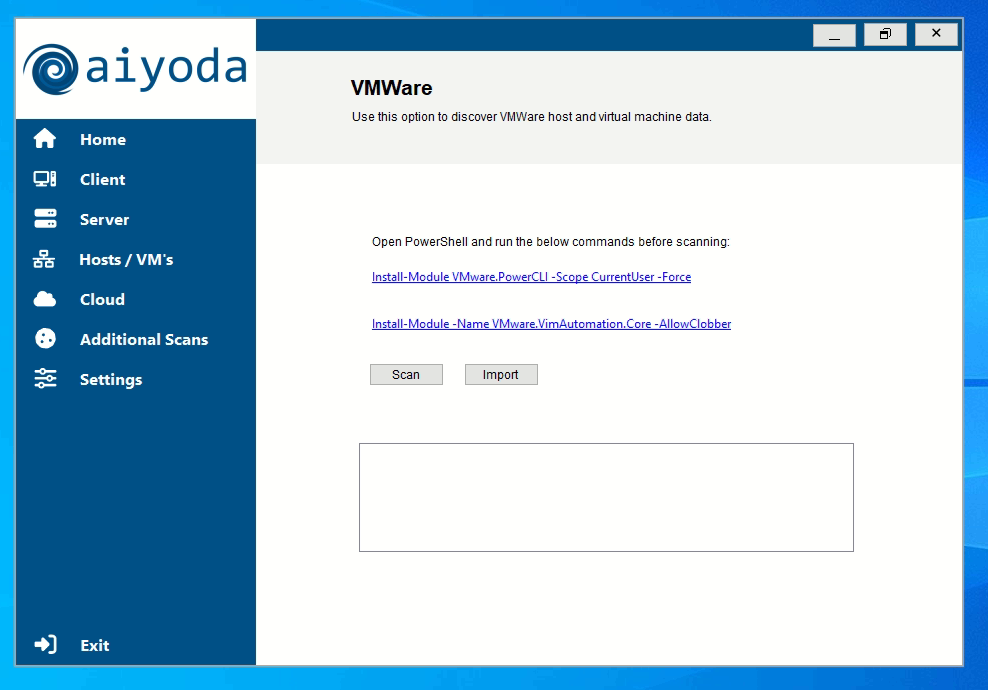 Aiyoda Console VMware scan screen