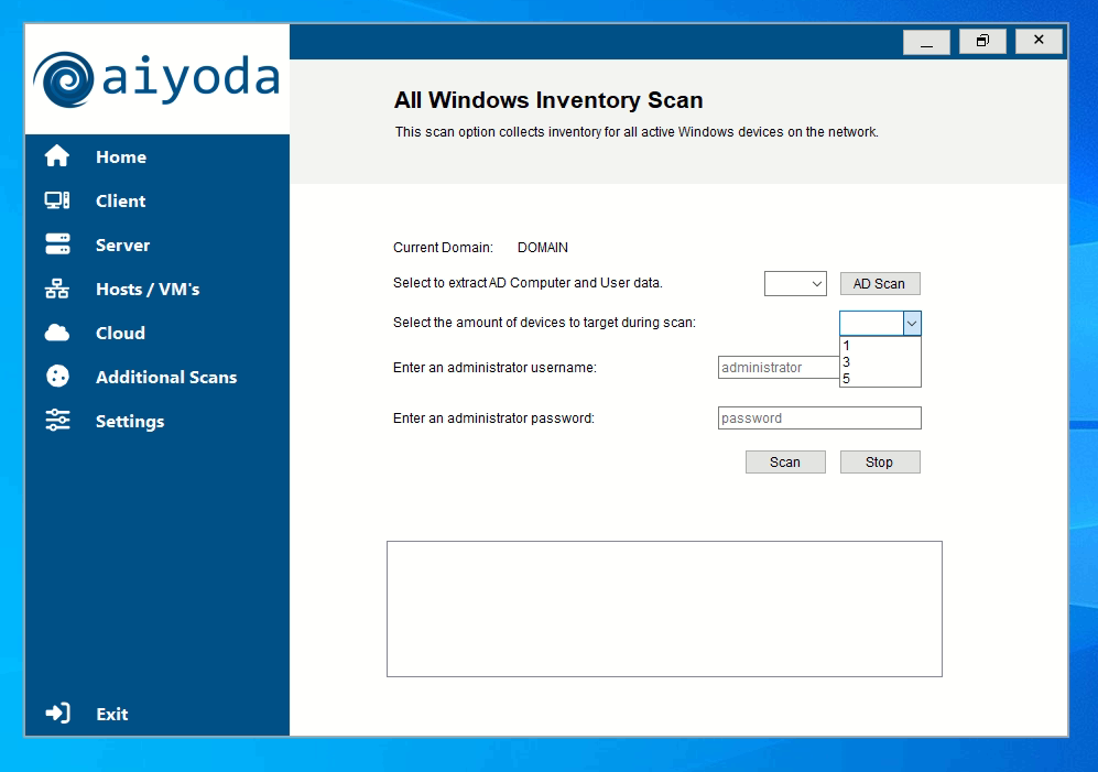 Aiyoda Console Windows inventory scan screen