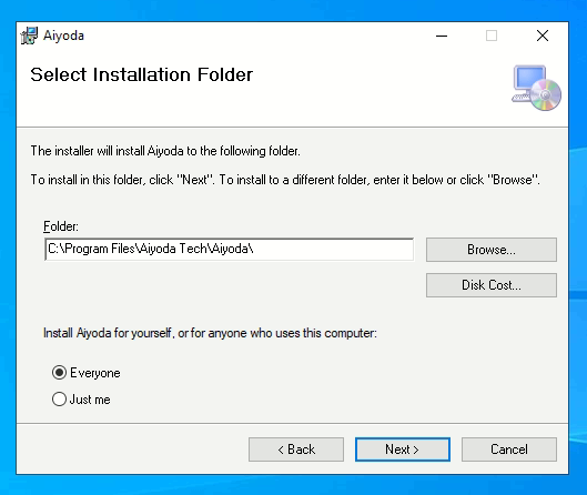 Select Installation Folder screen showing the default install path