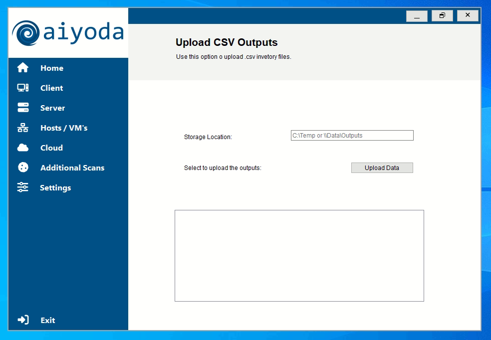 Upload CSV Outputs screen with storage location and Upload Data button